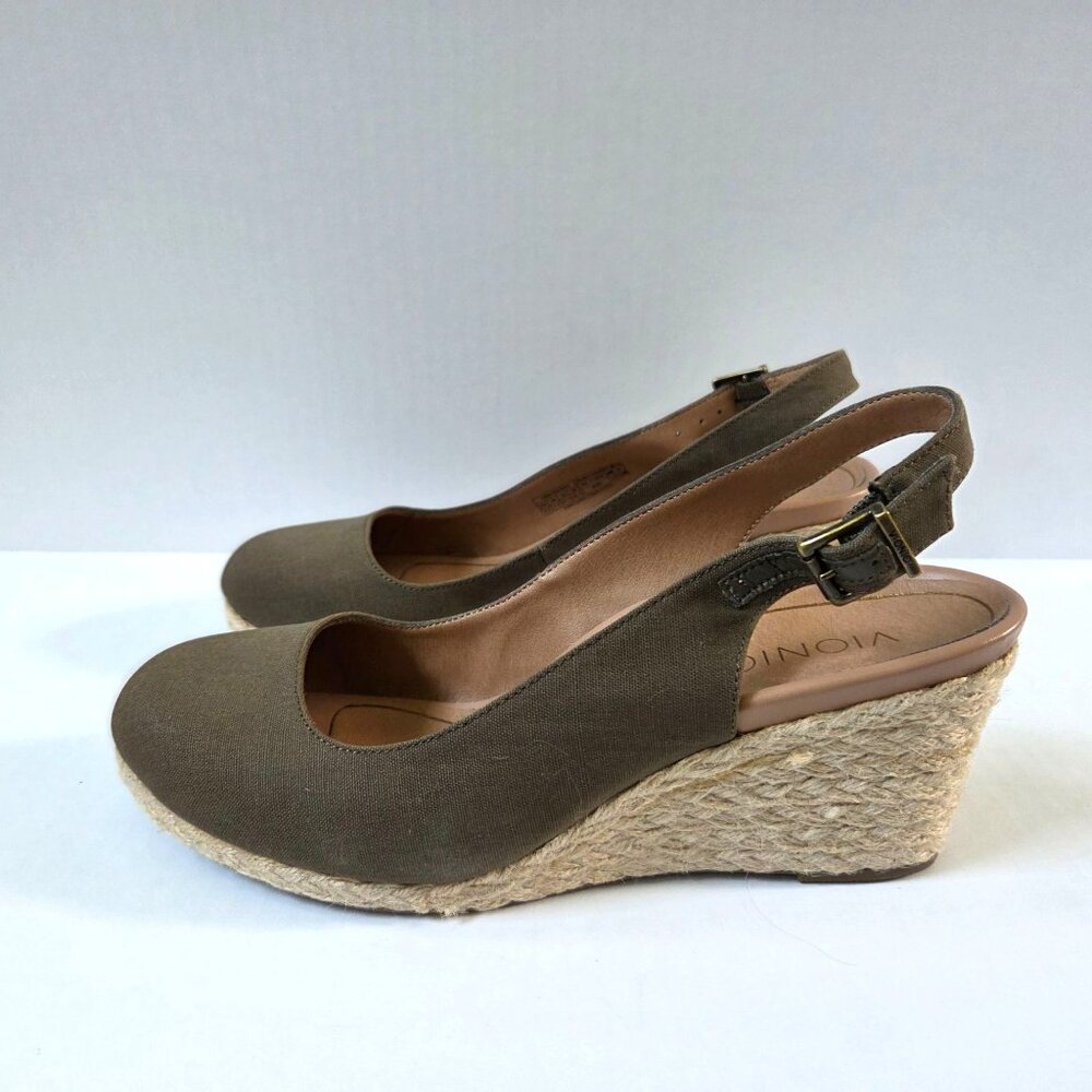 Vionic Coralina Espadrille Wedges Size 9.5 Olive Green Slingback Preppy Sandals